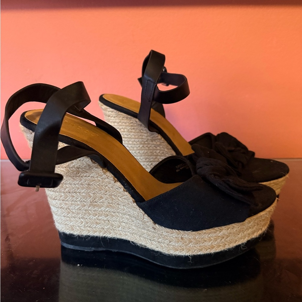 BAMBOO Black Espadrille Wedge Sandals with Bow